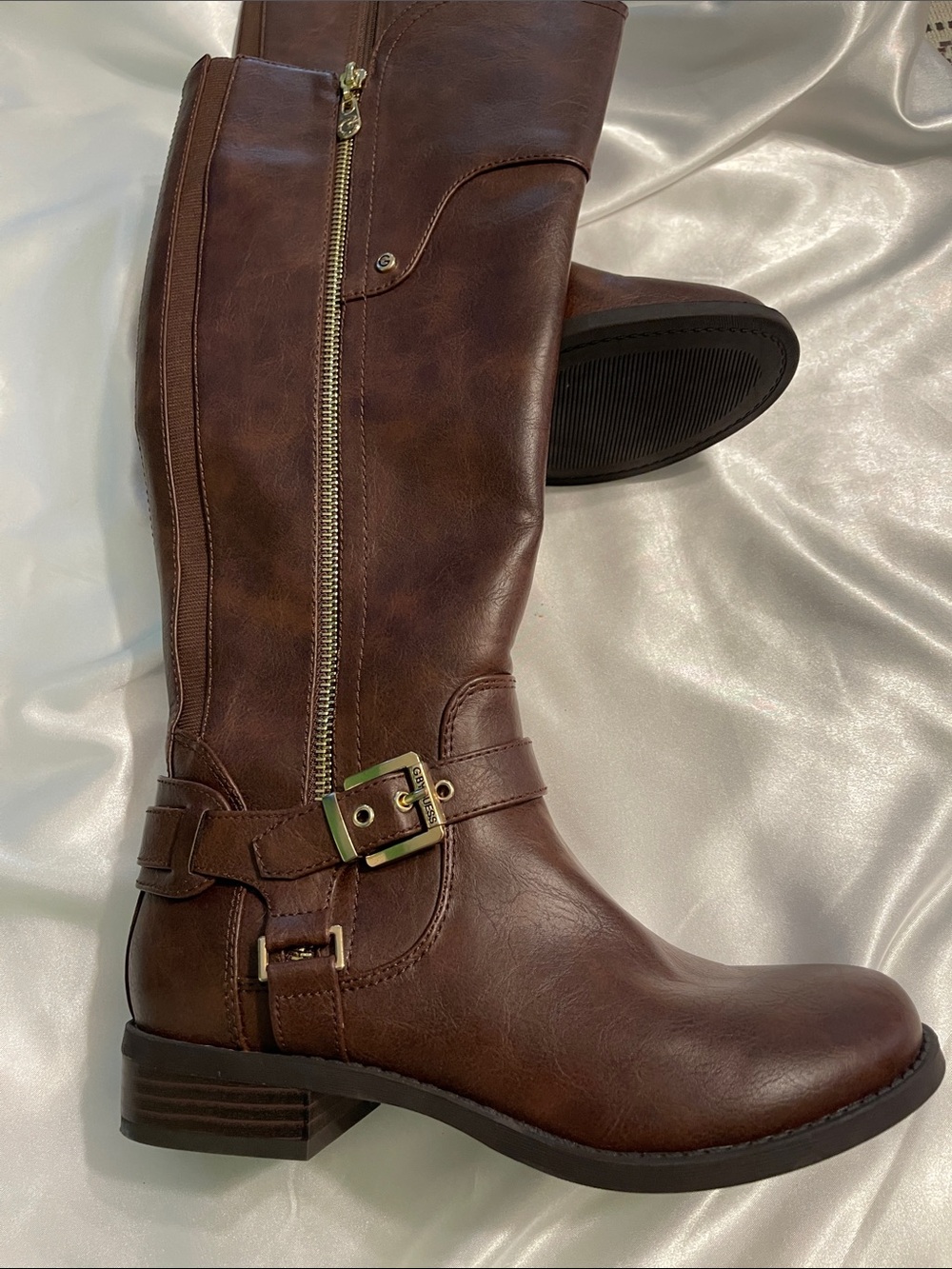 G by Guess Brown Mid-Calf Riding Boots with Side Zip & Buckle